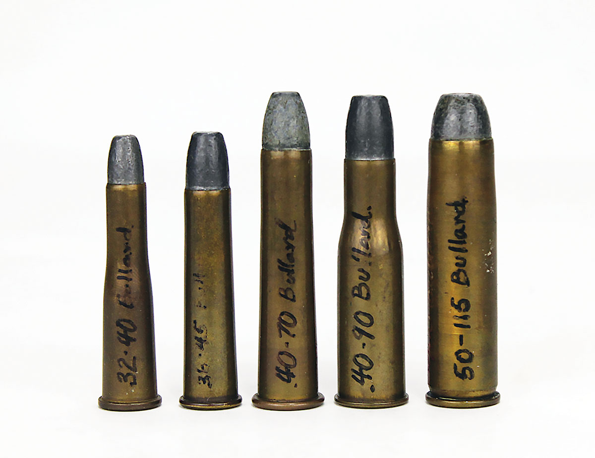 A lineup of five black-powder Bullard proprietary cartridges, as marked. The 38-45 is second from left. Note the 32-40, 40-90 and 50-115 Bullard cartridges are bottlenecked, though it is barely perceptible on the latter cartridge.
